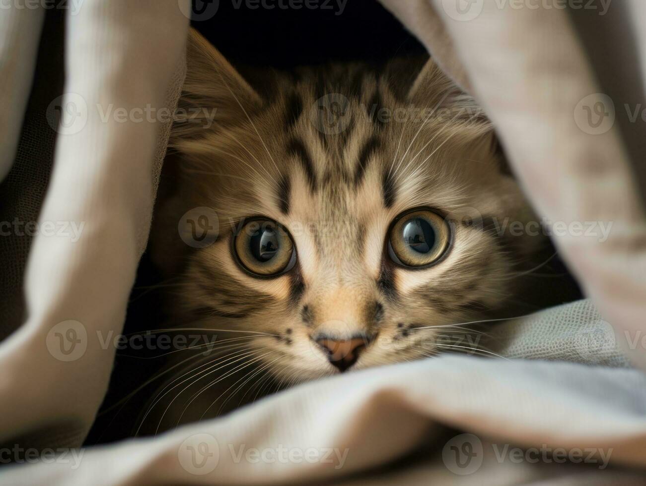 adorable kitten peeking out from behind a curtain AI Generative photo