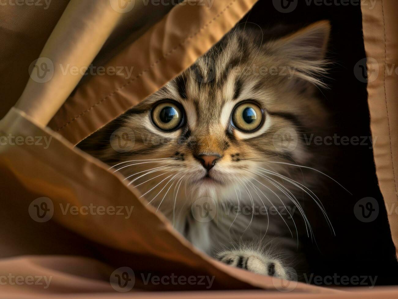 adorable kitten peeking out from behind a curtain AI Generative photo