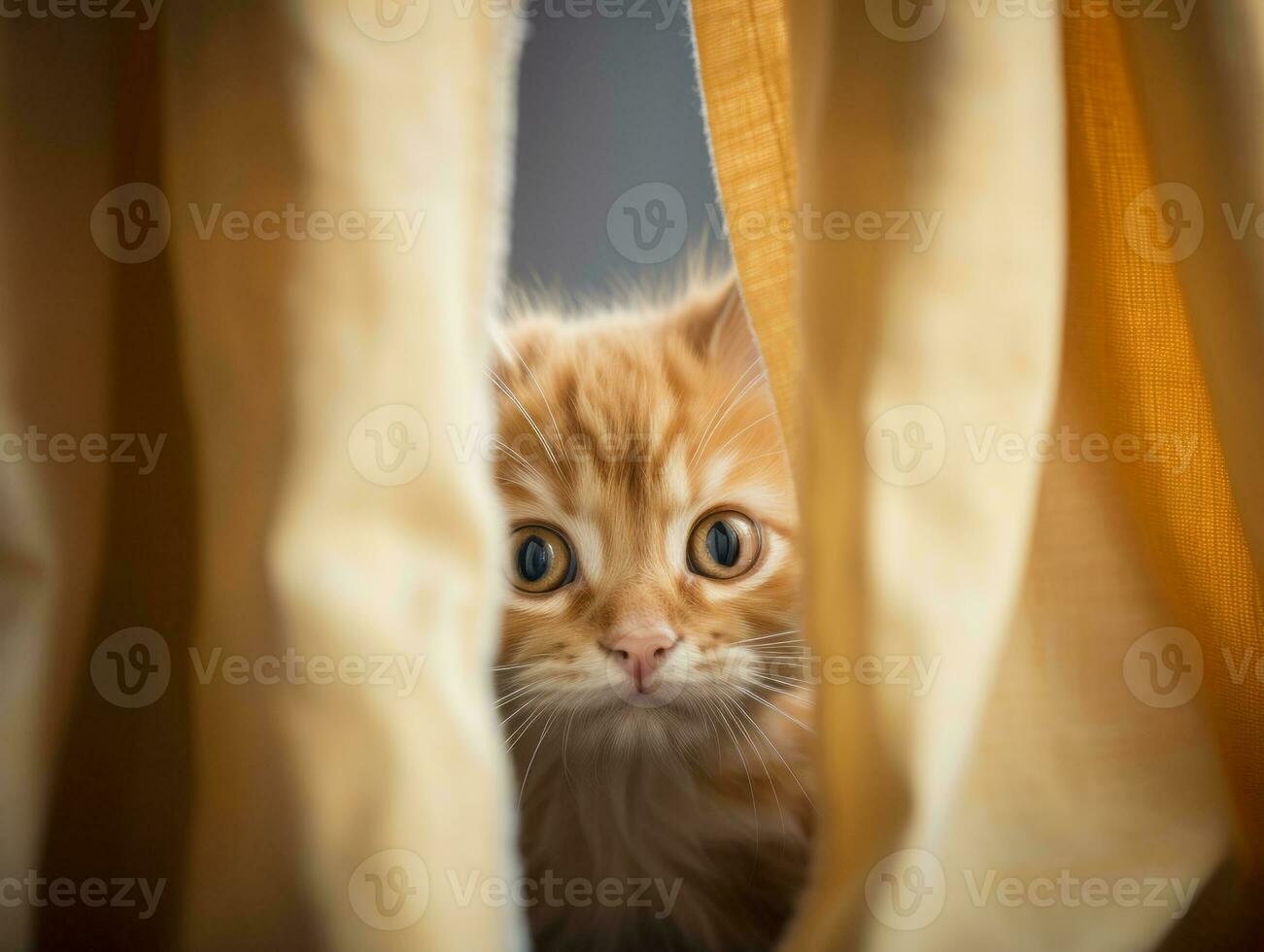 adorable kitten peeking out from behind a curtain AI Generative photo