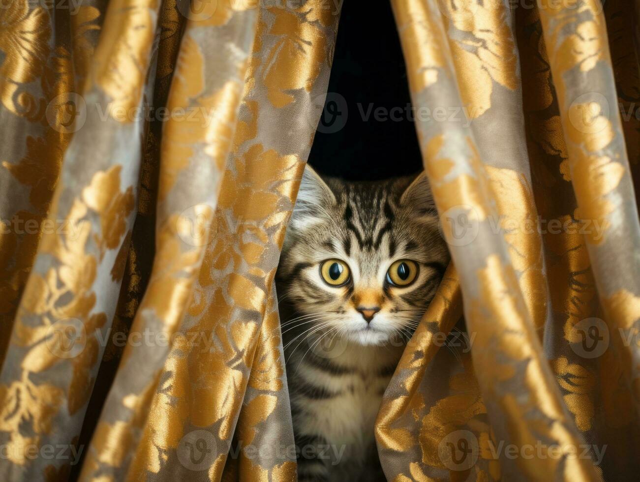 adorable kitten peeking out from behind a curtain AI Generative photo