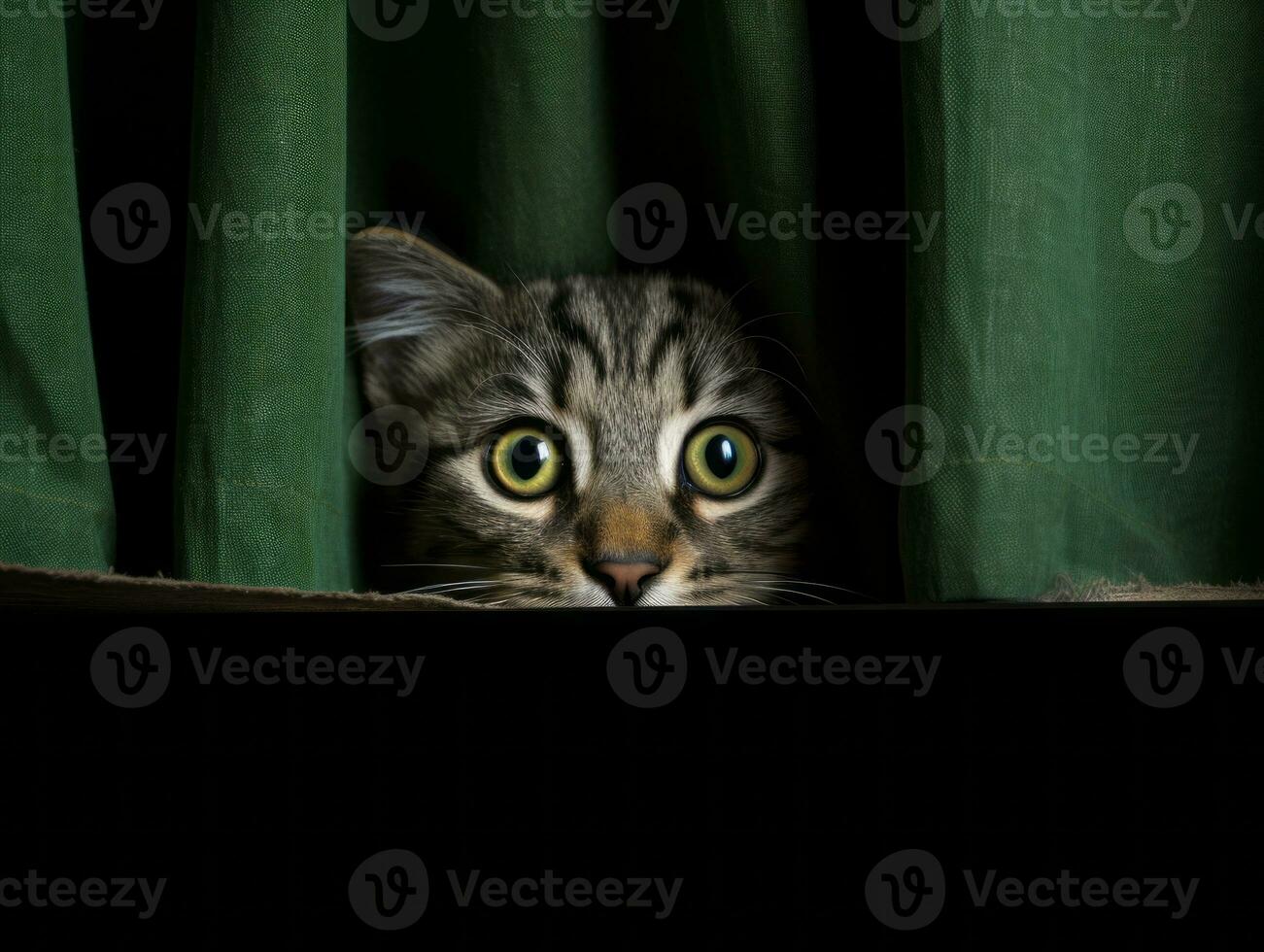 adorable kitten peeking out from behind a curtain AI Generative photo