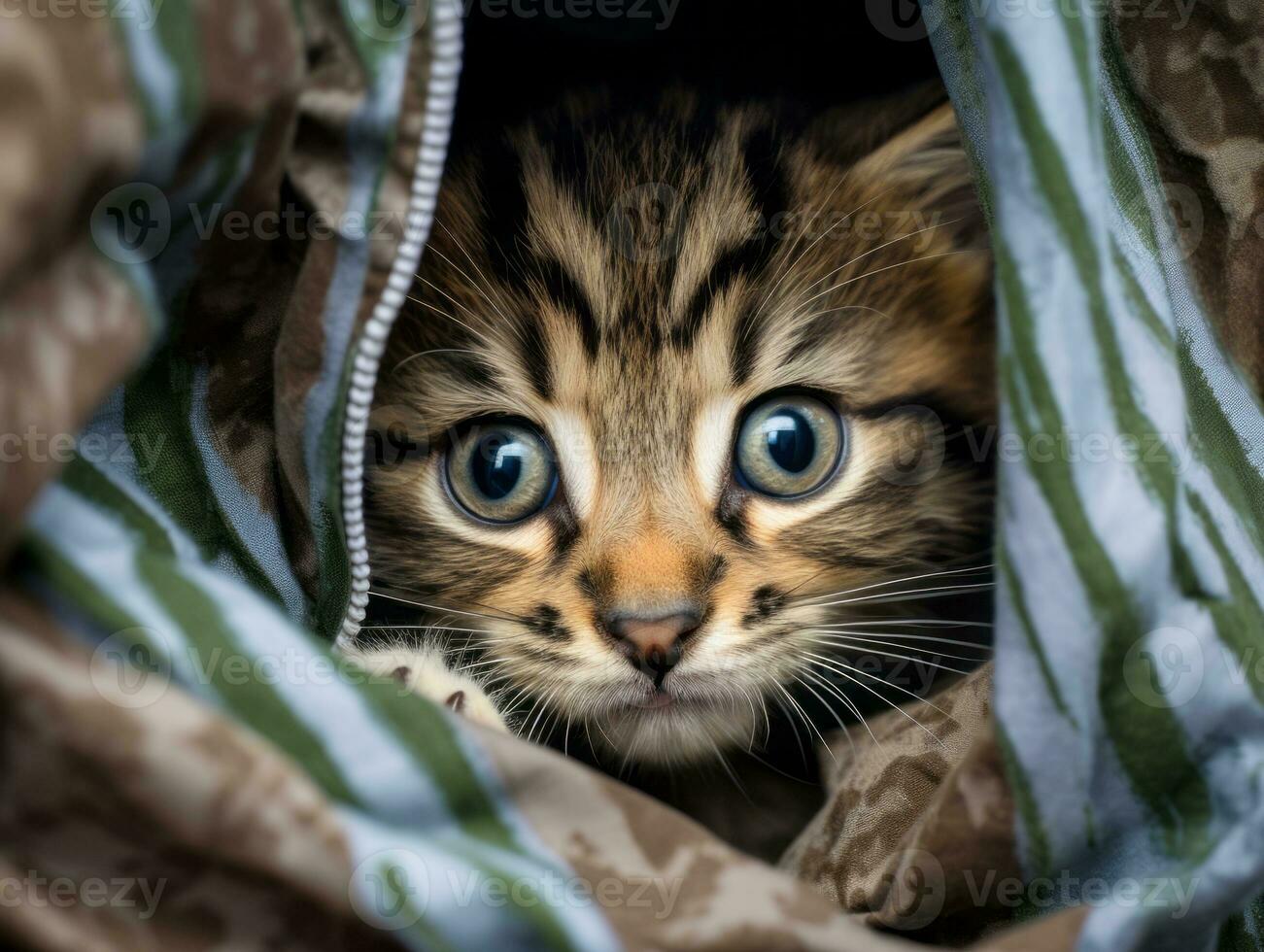 adorable kitten peeking out from behind a curtain AI Generative photo