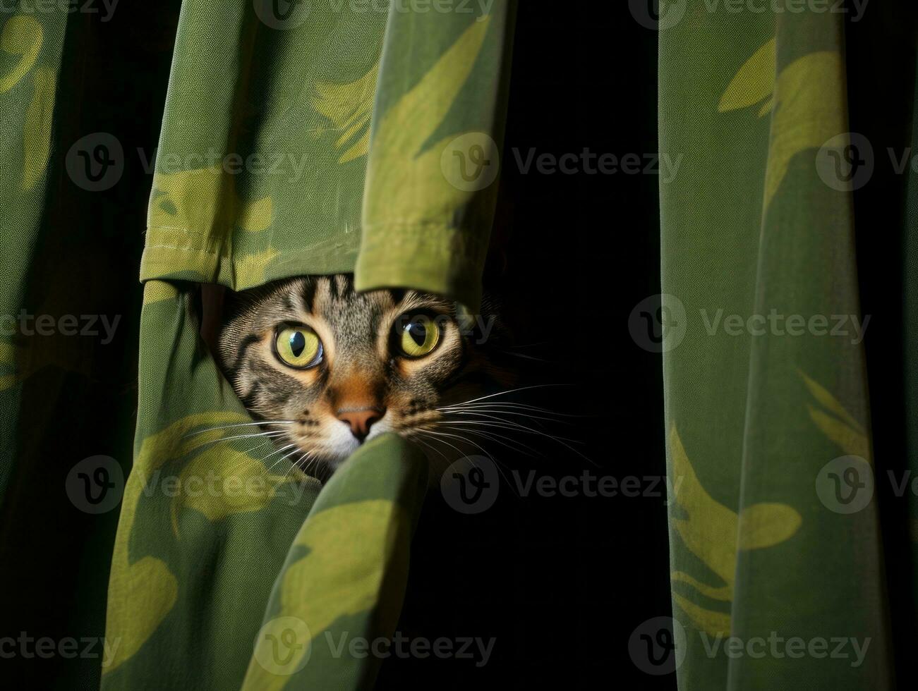 adorable kitten peeking out from behind a curtain AI Generative photo