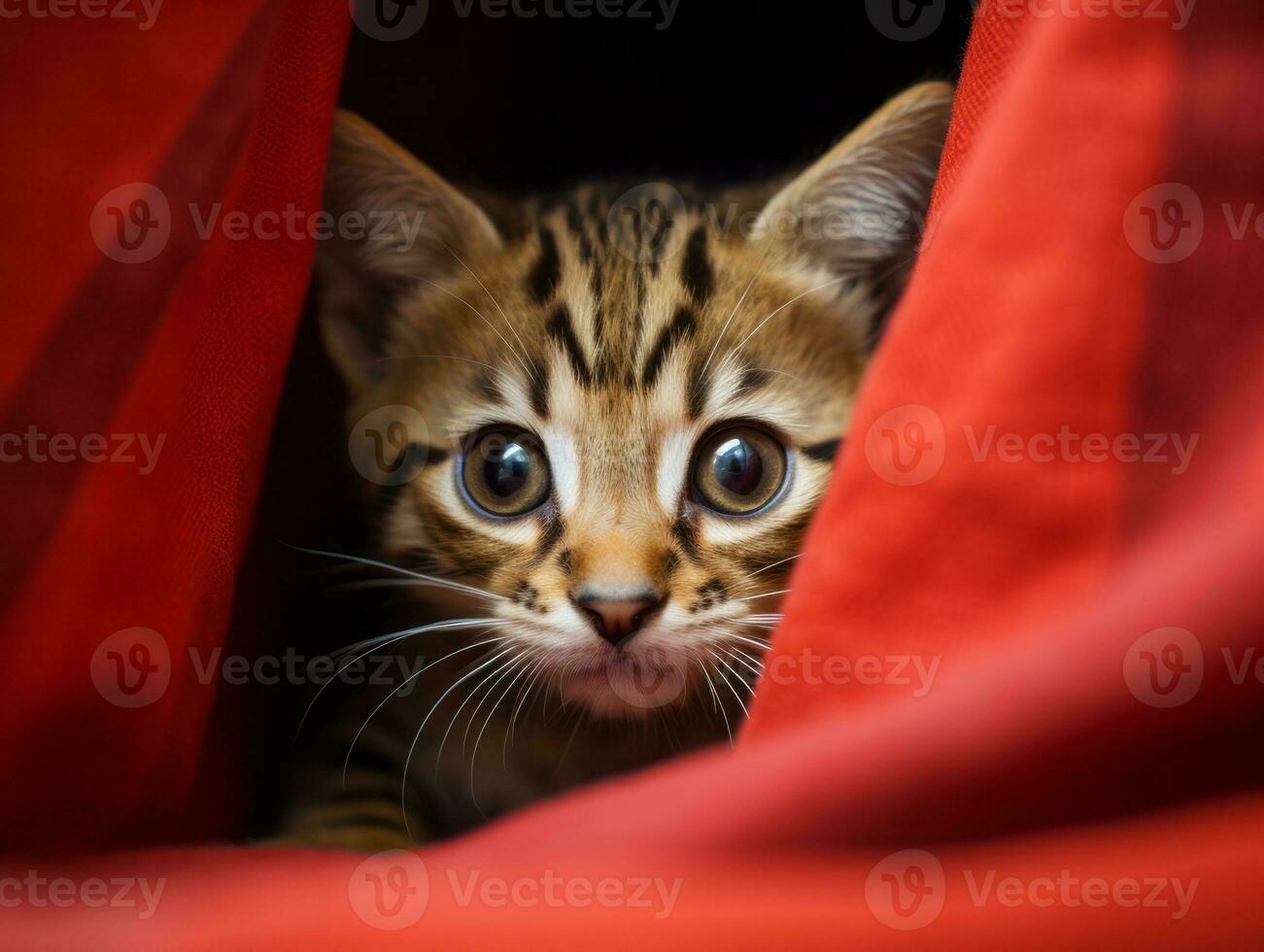 adorable kitten peeking out from behind a curtain AI Generative photo