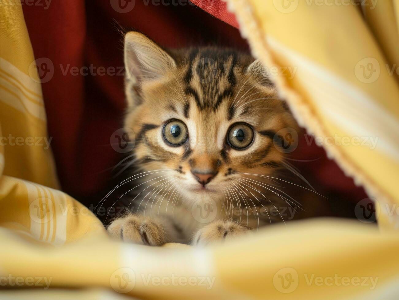 adorable kitten peeking out from behind a curtain AI Generative photo