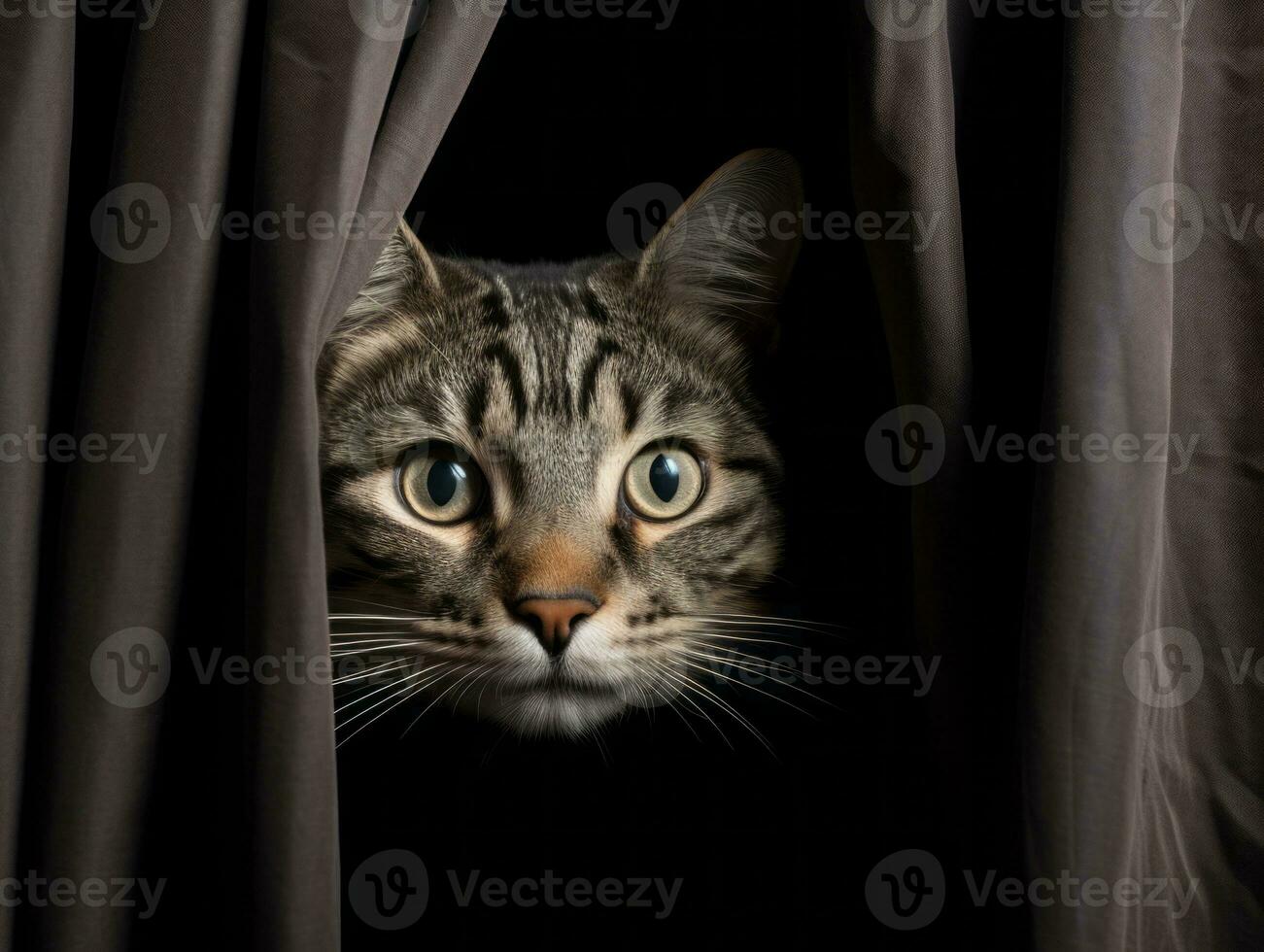 adorable kitten peeking out from behind a curtain AI Generative photo