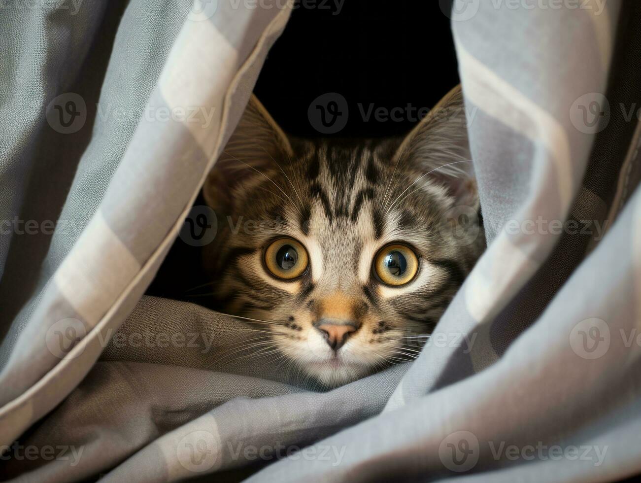 adorable kitten peeking out from behind a curtain AI Generative photo