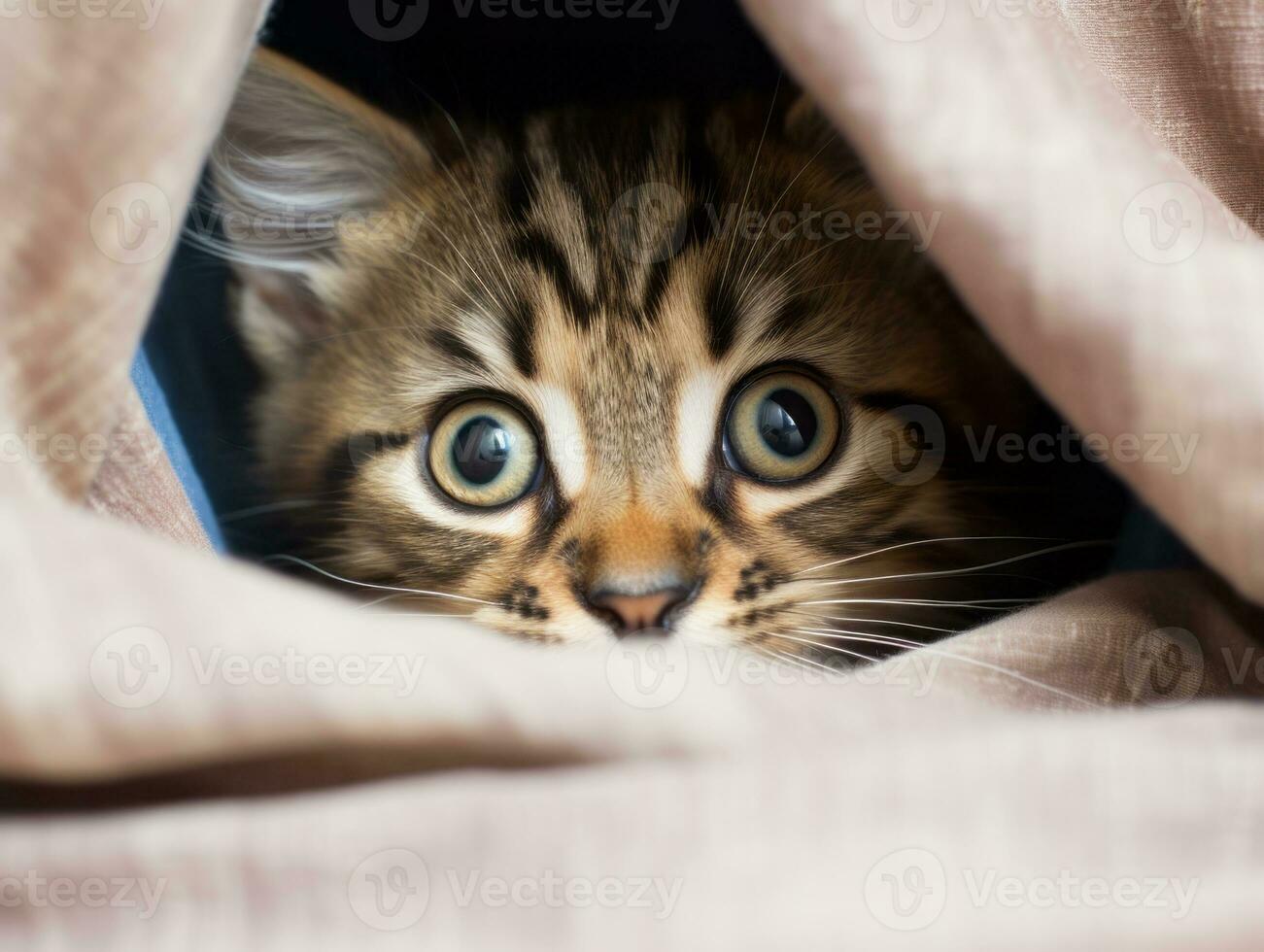 adorable kitten peeking out from behind a curtain AI Generative photo
