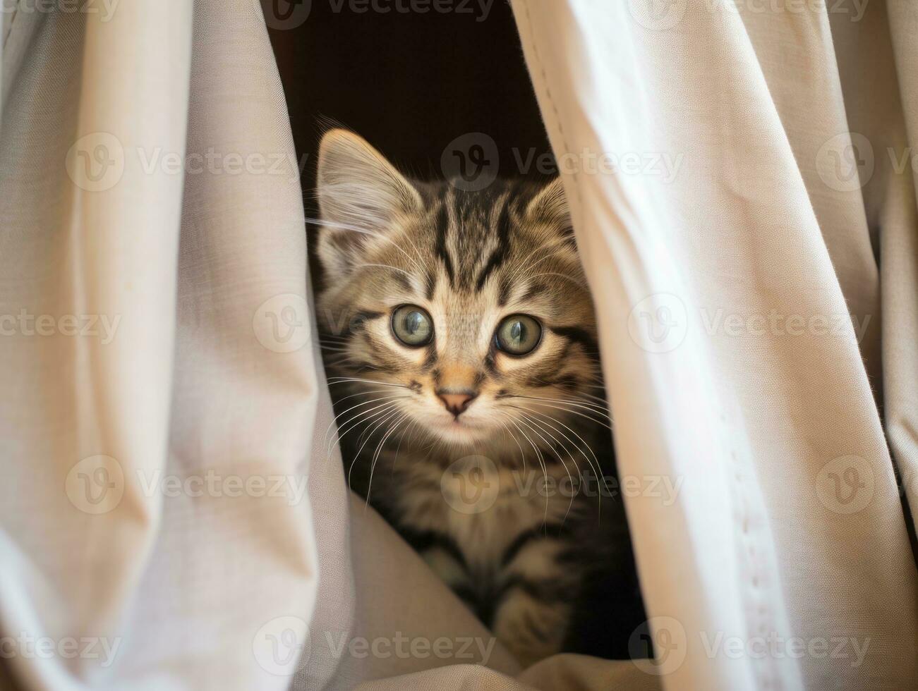 adorable kitten peeking out from behind a curtain AI Generative photo