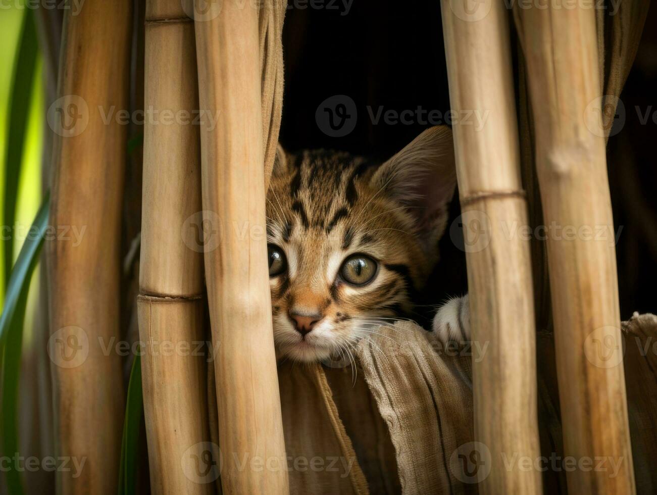 adorable kitten peeking out from behind a curtain AI Generative photo