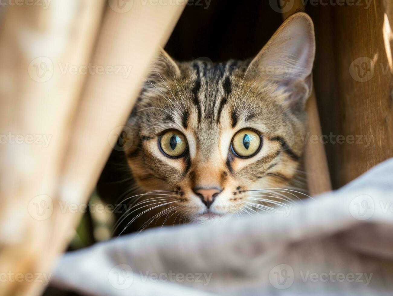 adorable kitten peeking out from behind a curtain AI Generative photo