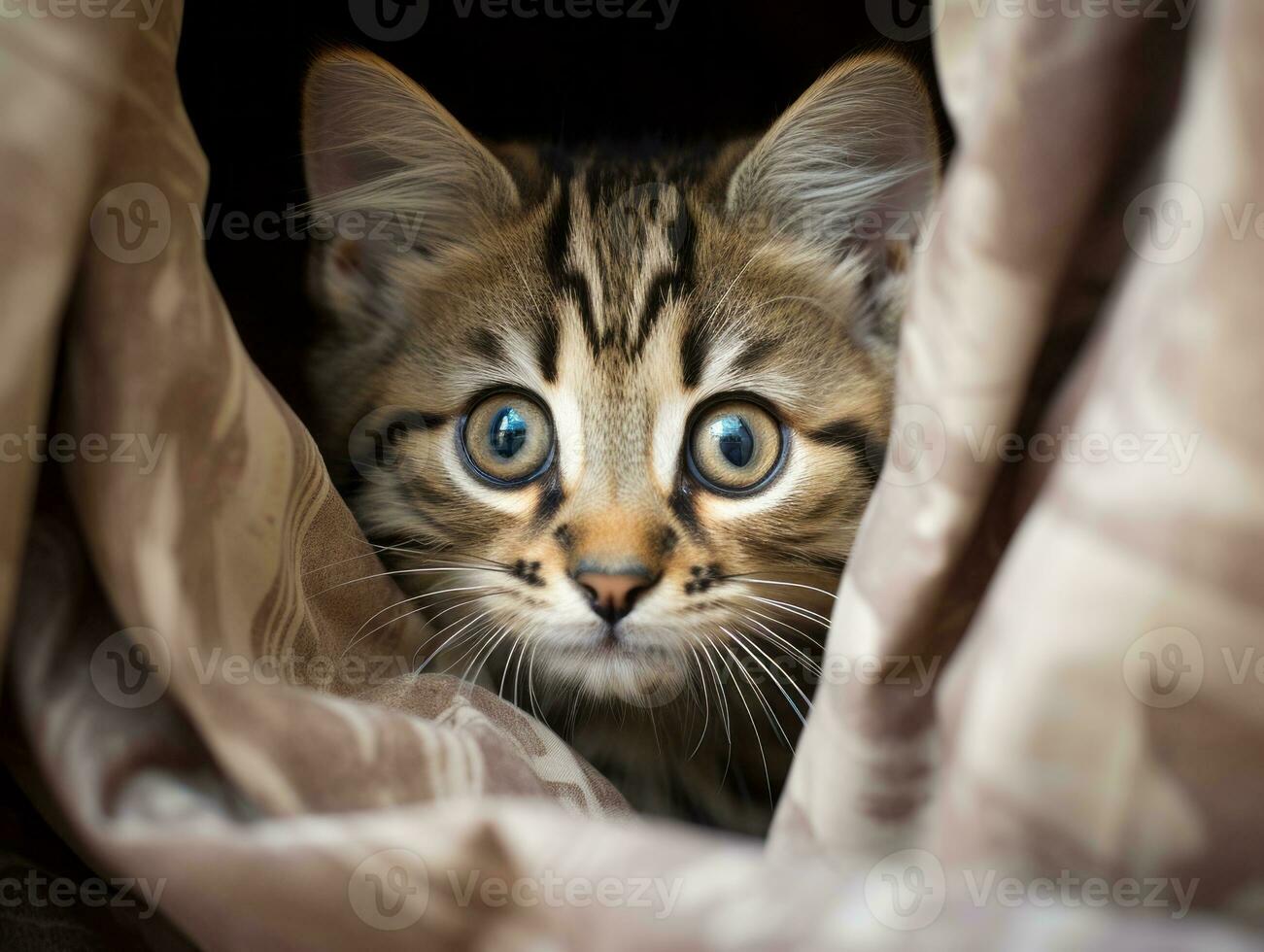 adorable kitten peeking out from behind a curtain AI Generative photo