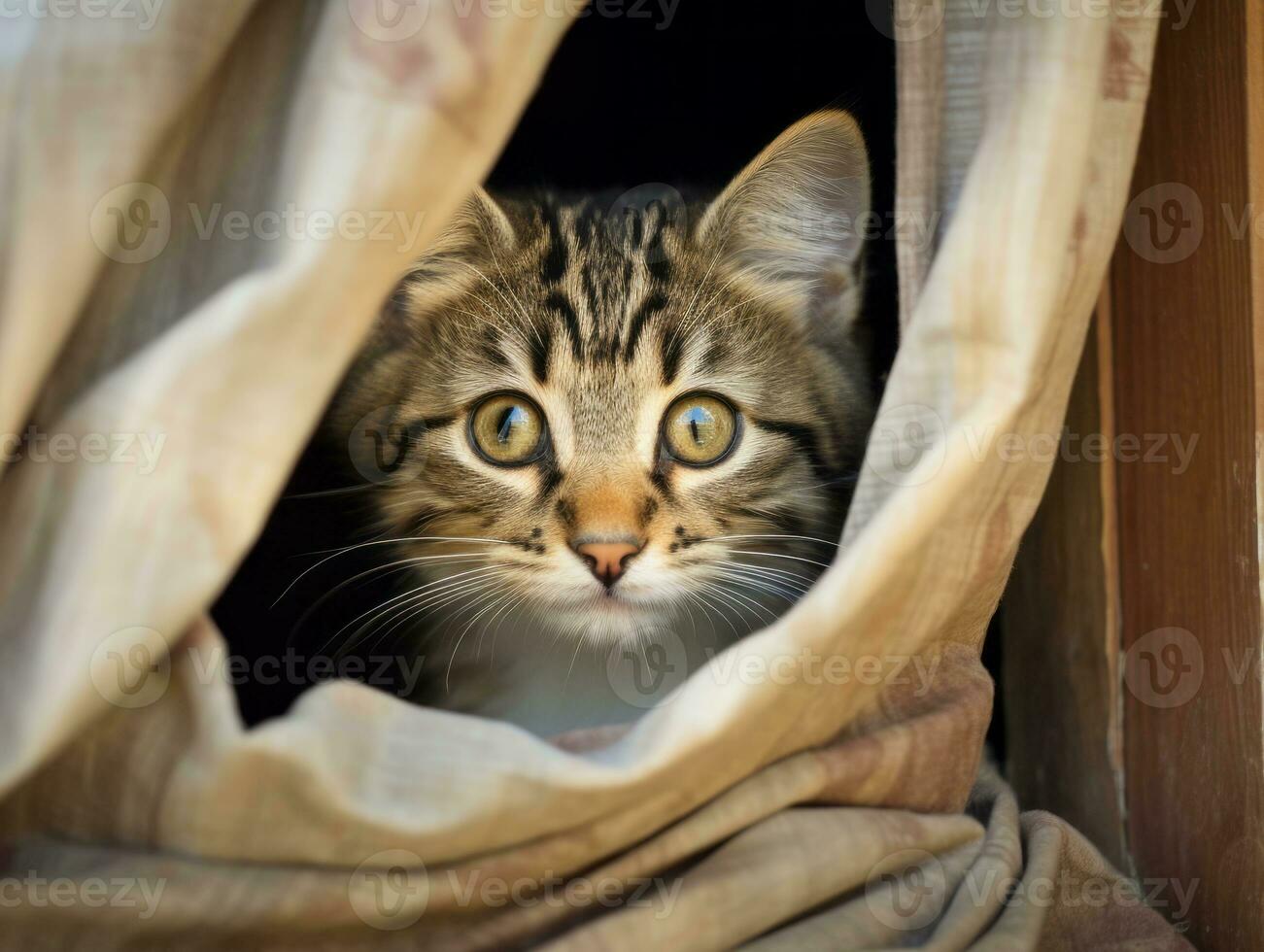 adorable kitten peeking out from behind a curtain AI Generative photo