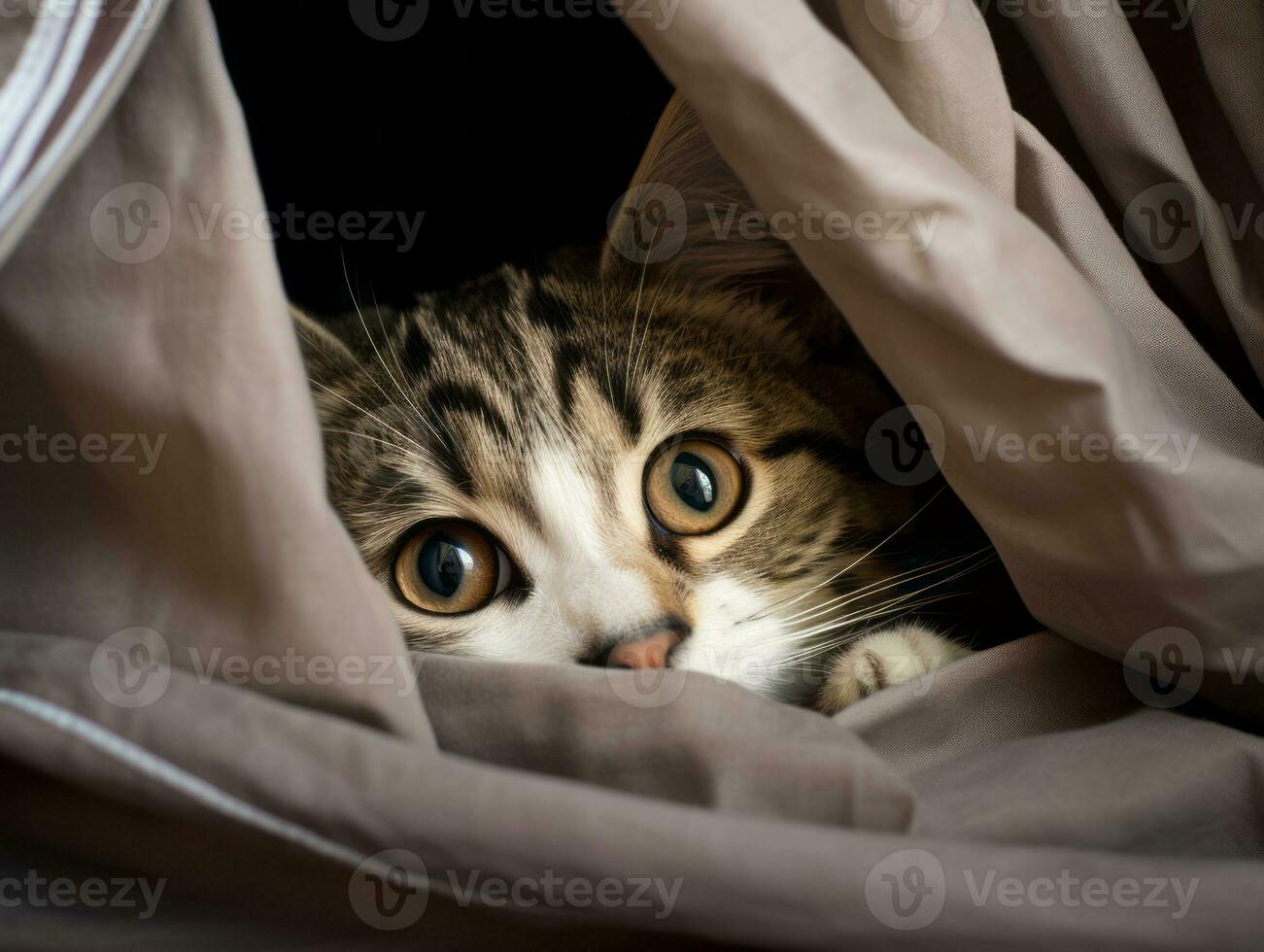 adorable kitten peeking out from behind a curtain AI Generative photo