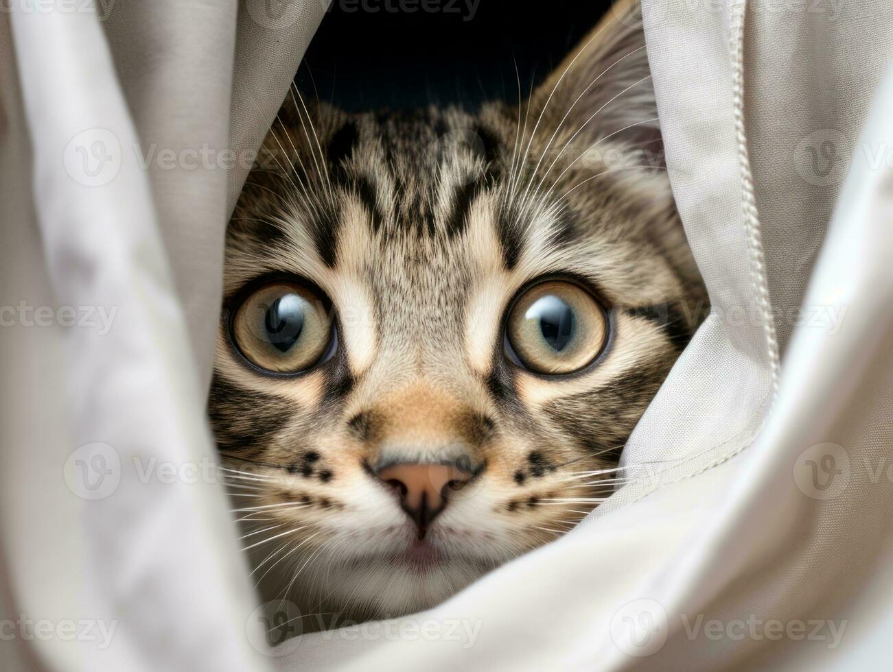 adorable kitten peeking out from behind a curtain AI Generative photo