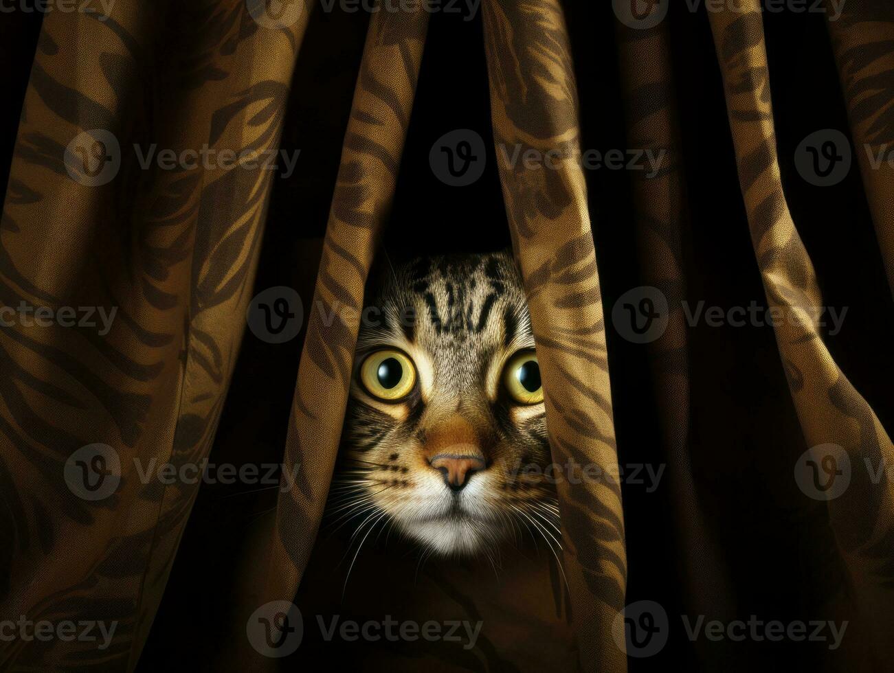 adorable kitten peeking out from behind a curtain AI Generative photo