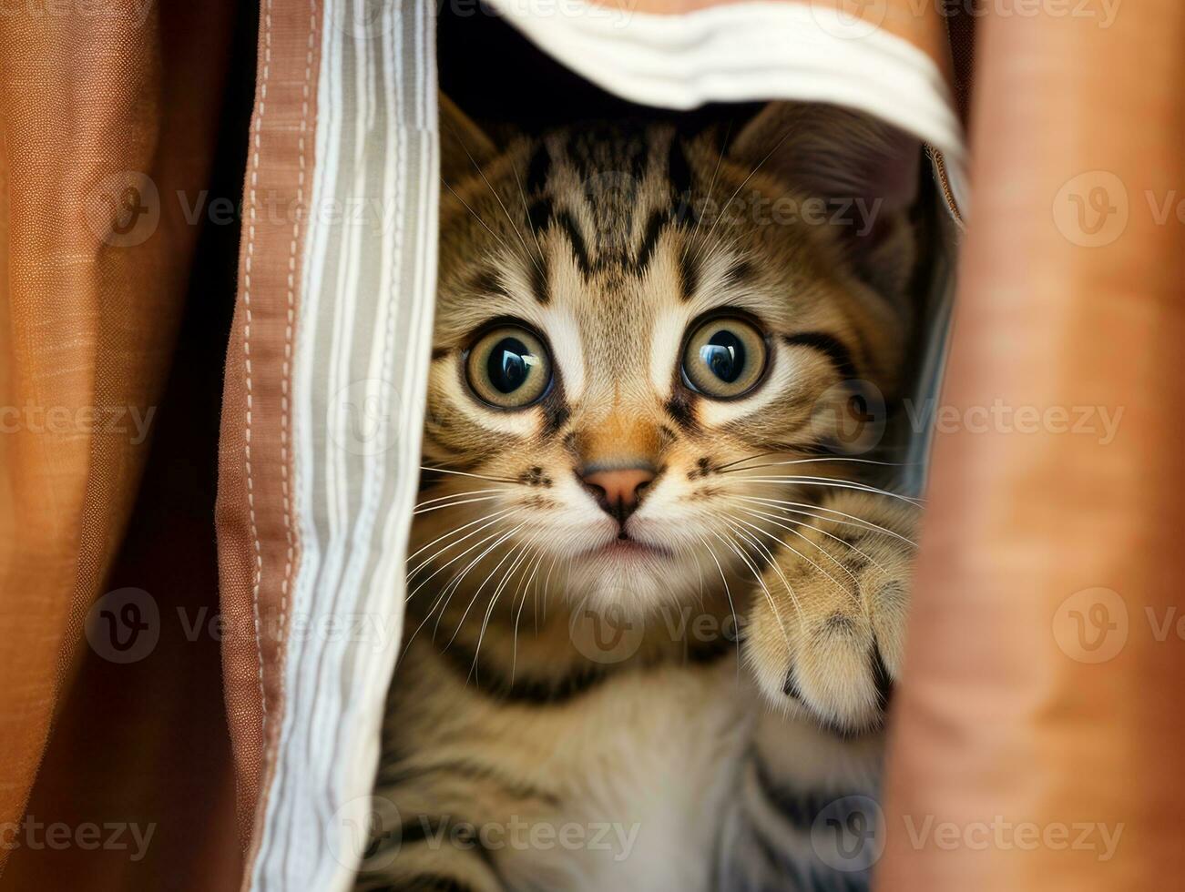 adorable kitten peeking out from behind a curtain AI Generative photo