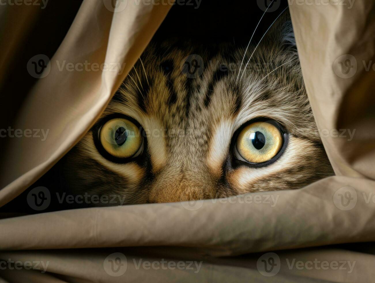 adorable kitten peeking out from behind a curtain AI Generative photo
