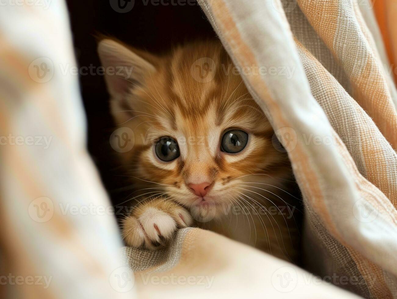 adorable kitten peeking out from behind a curtain AI Generative photo
