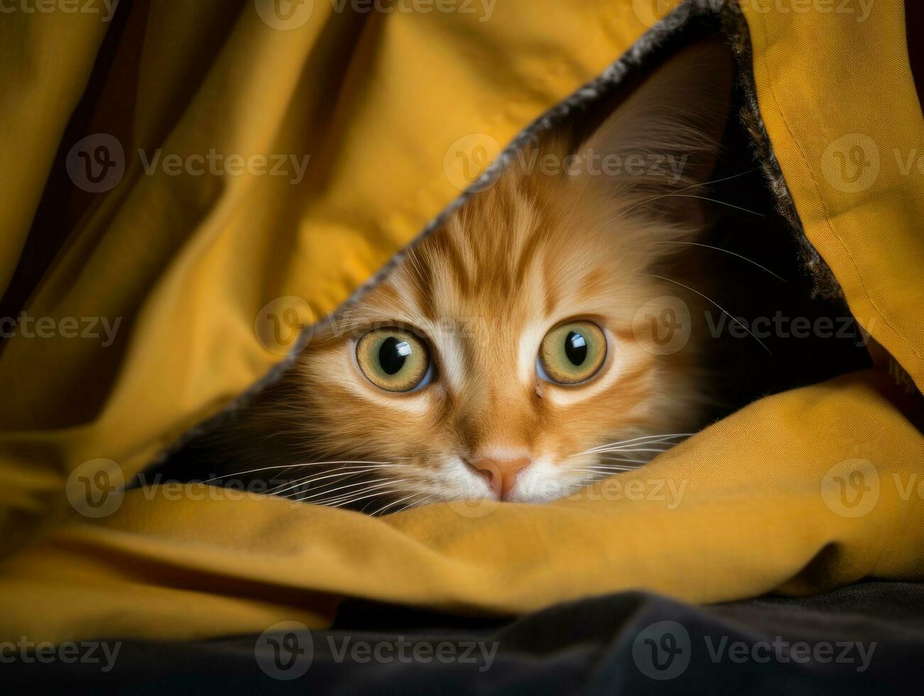 adorable kitten peeking out from behind a curtain AI Generative photo