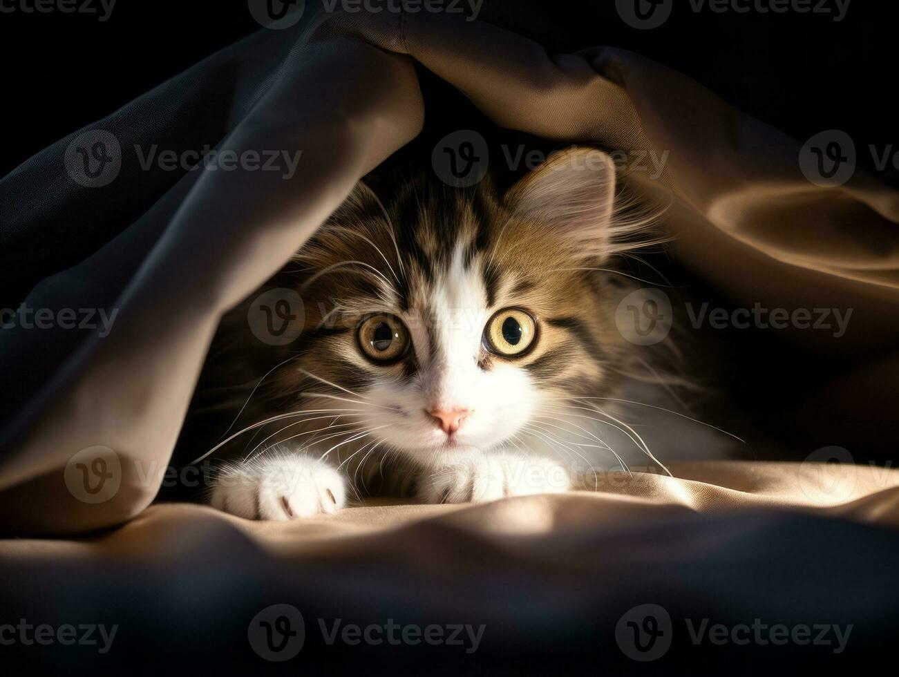 adorable kitten peeking out from behind a curtain AI Generative photo