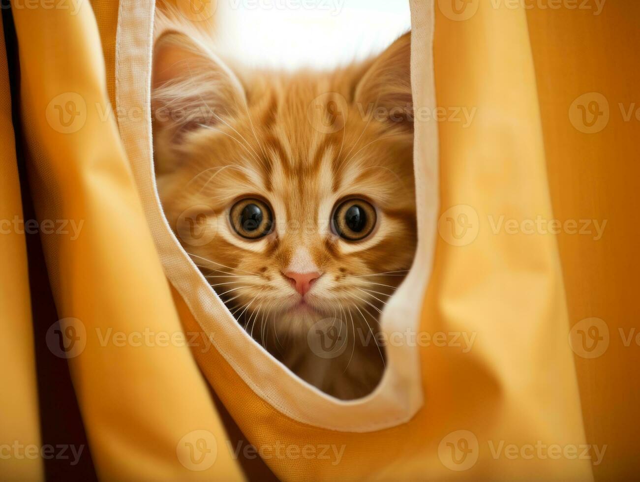 adorable kitten peeking out from behind a curtain AI Generative photo