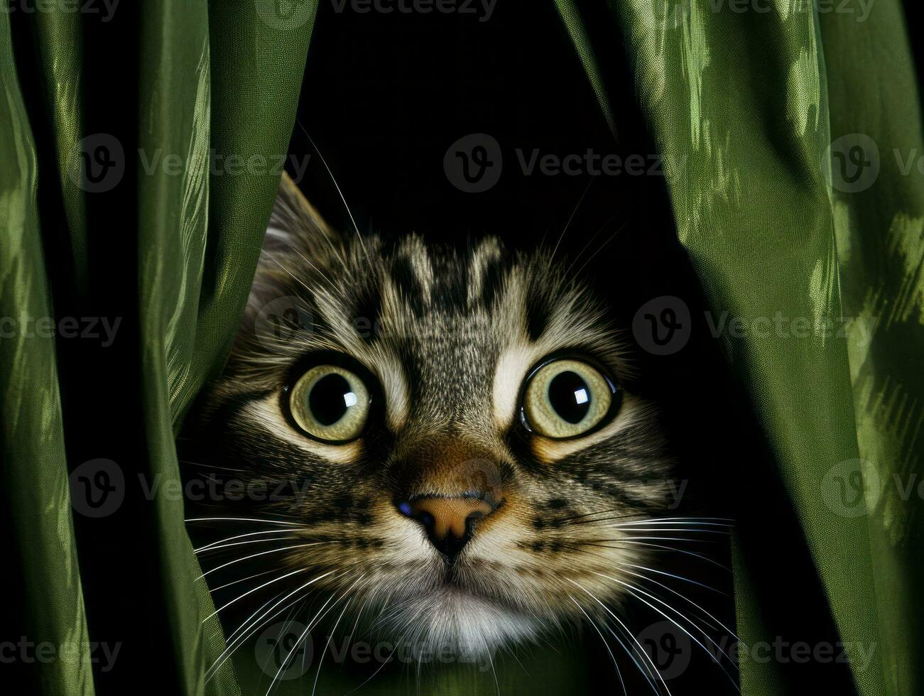 adorable kitten peeking out from behind a curtain AI Generative photo