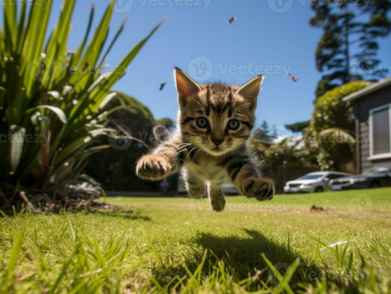 playful feline leaping through the air in pursuit of a feather toy AI Generative photo
