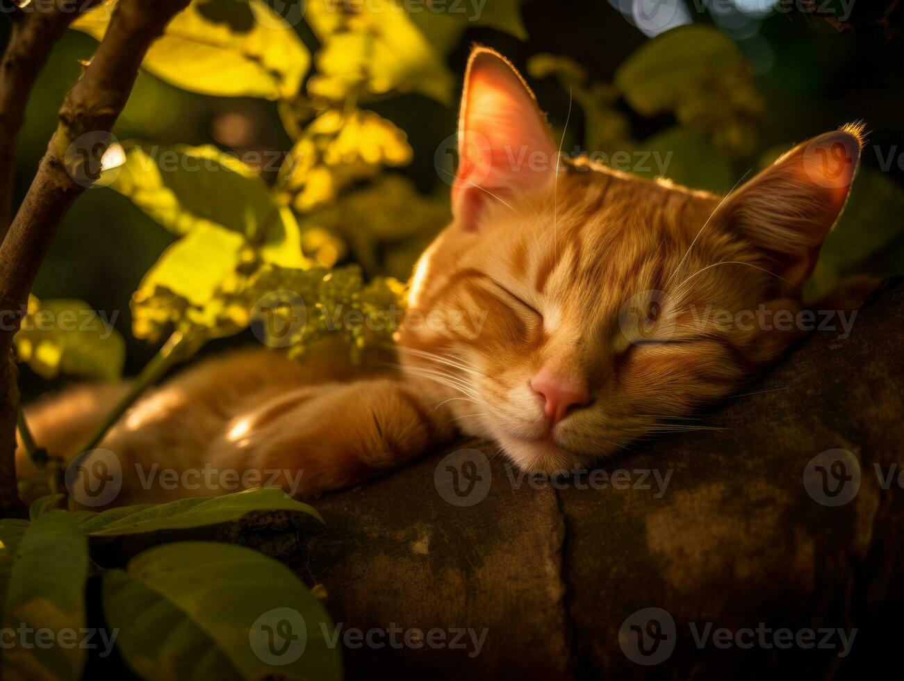 Serene cat resting on a tree branch surrounded by lush foliage AI Generative photo