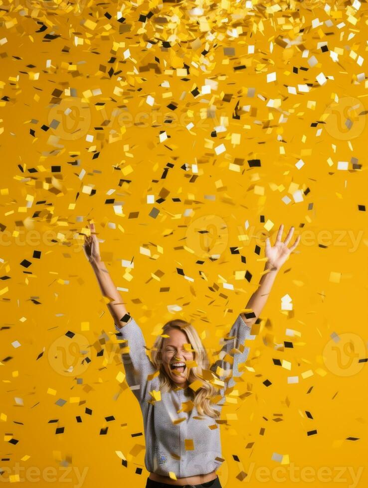 contento mujer celebrando en un sólido antecedentes ai generativo foto