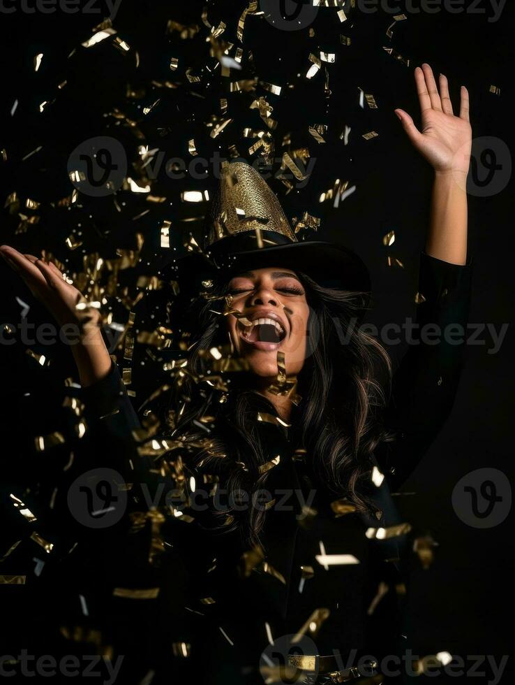 Happy woman celebrating on a solid background AI Generative photo