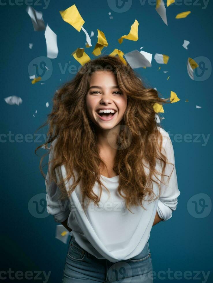 Happy woman celebrating on a solid background AI Generative photo
