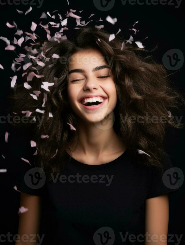 Happy woman celebrating on a solid background AI Generative photo