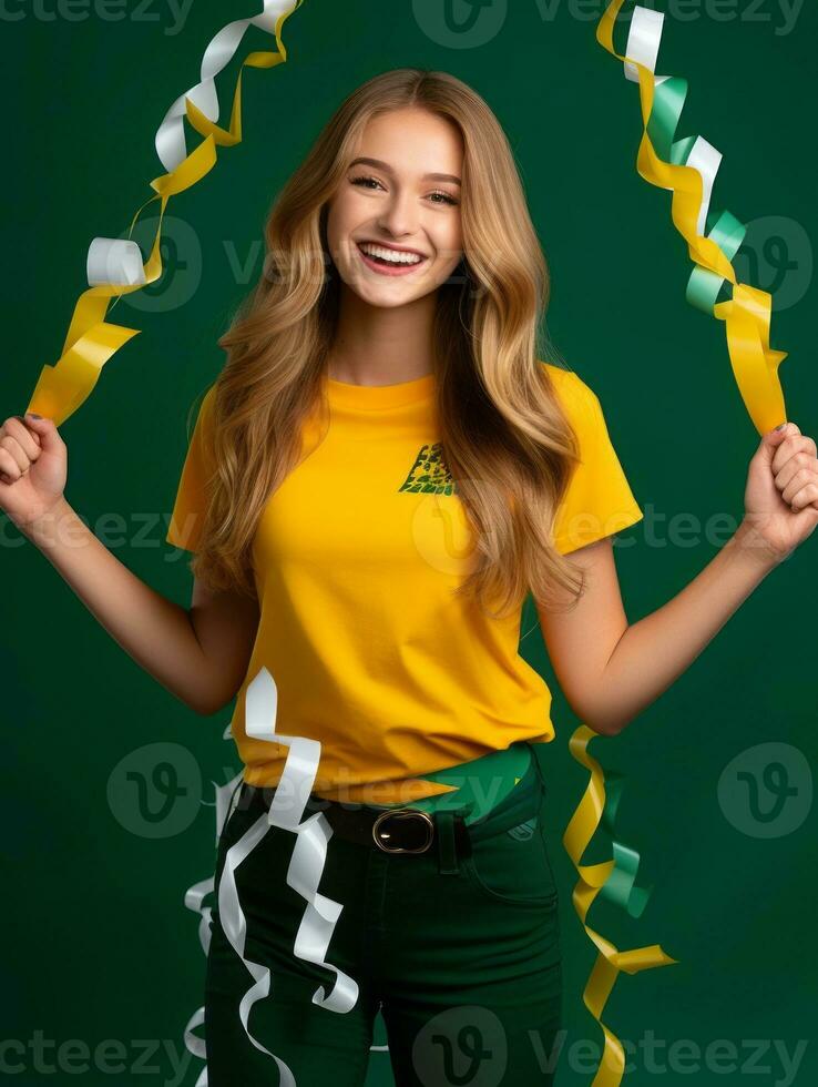 Happy woman celebrating on a solid background AI Generative photo