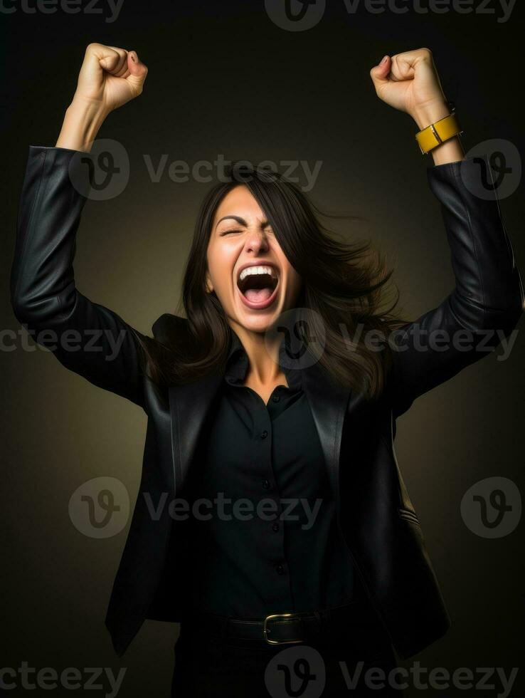 Happy woman celebrating on a solid background AI Generative photo