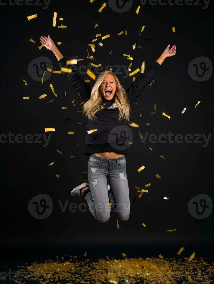 Happy woman celebrating on a solid background AI Generative photo
