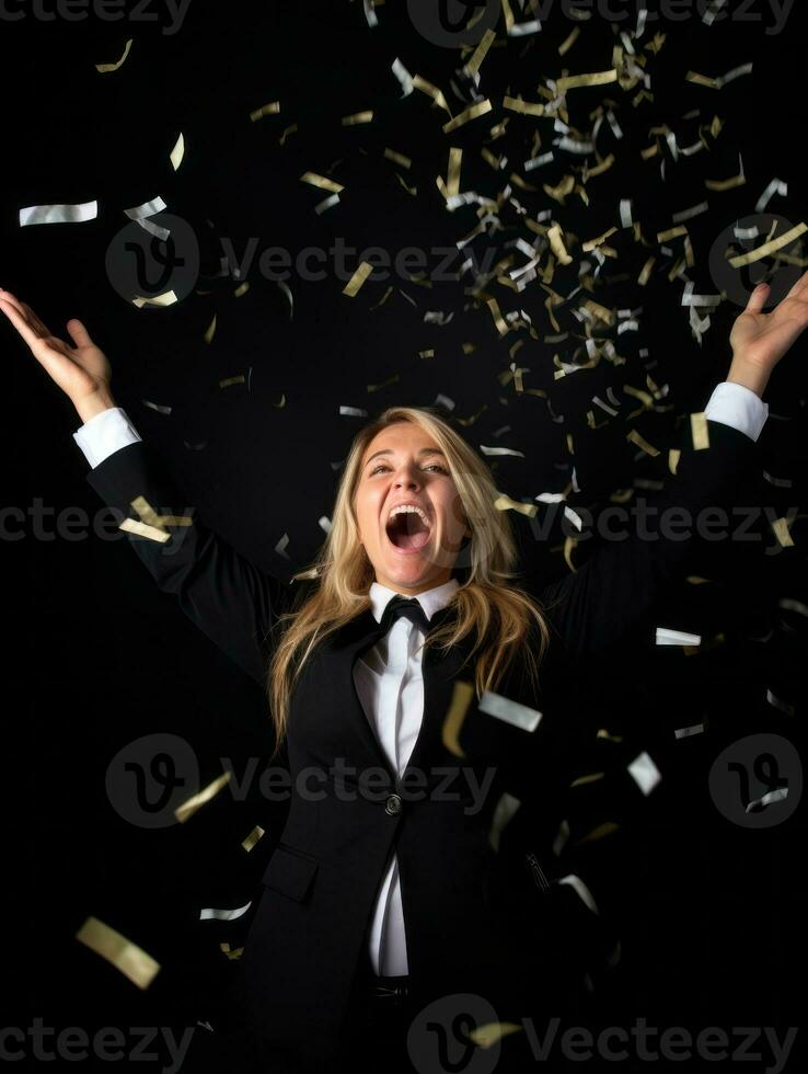 Happy woman celebrating on a solid background AI Generative photo
