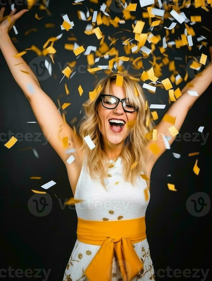 Happy woman celebrating on a solid background AI Generative photo