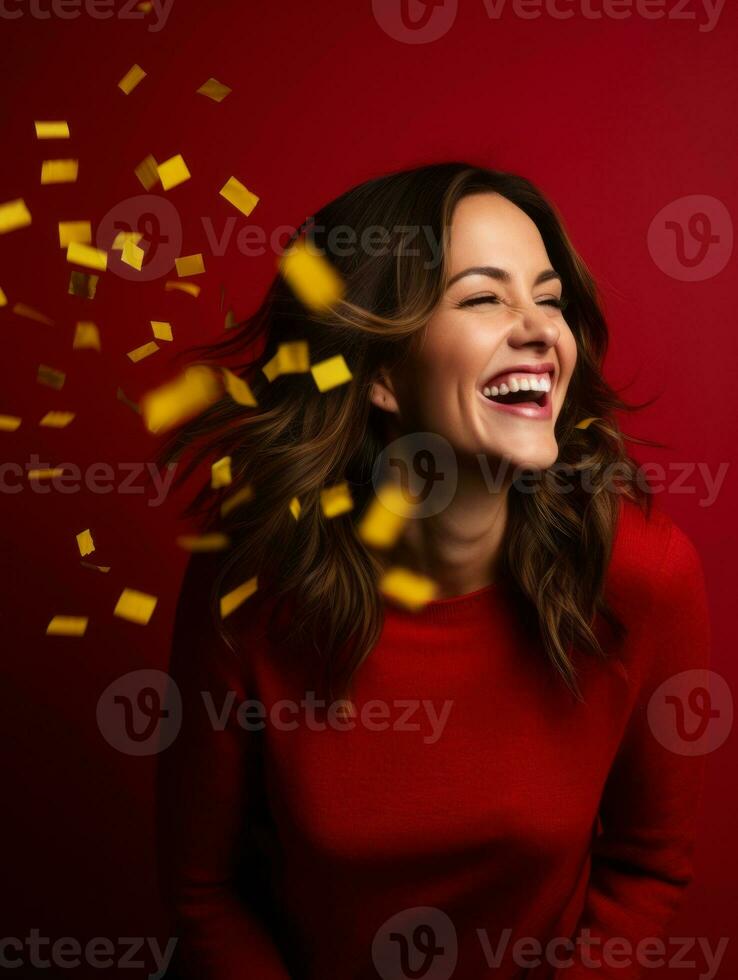 Happy woman celebrating on a solid background AI Generative photo