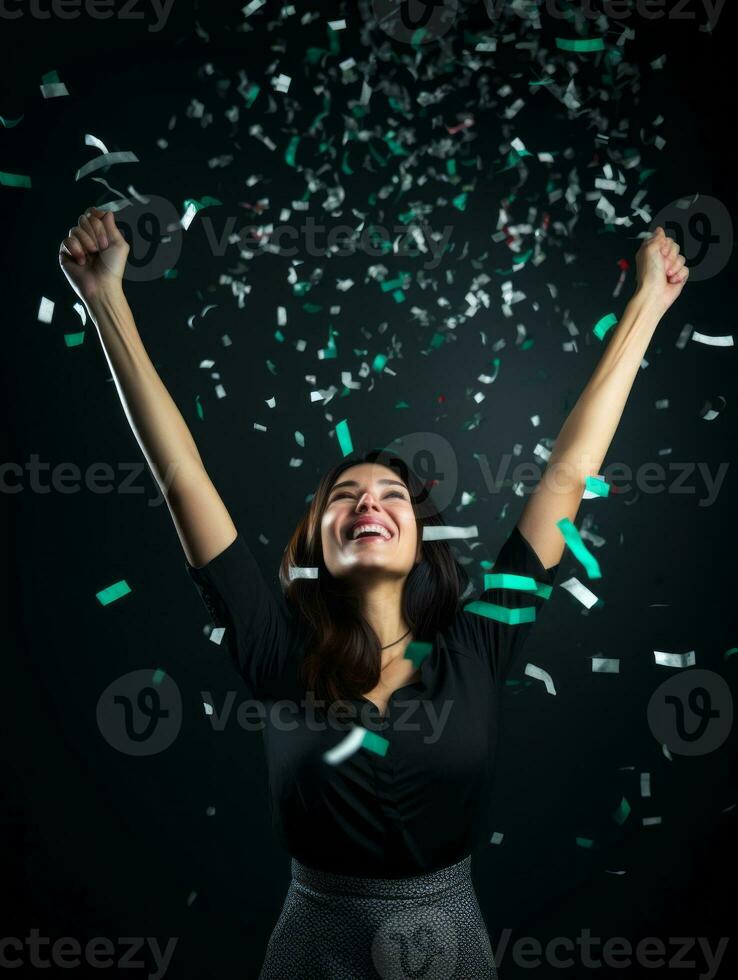 Happy woman celebrating on a solid background AI Generative photo