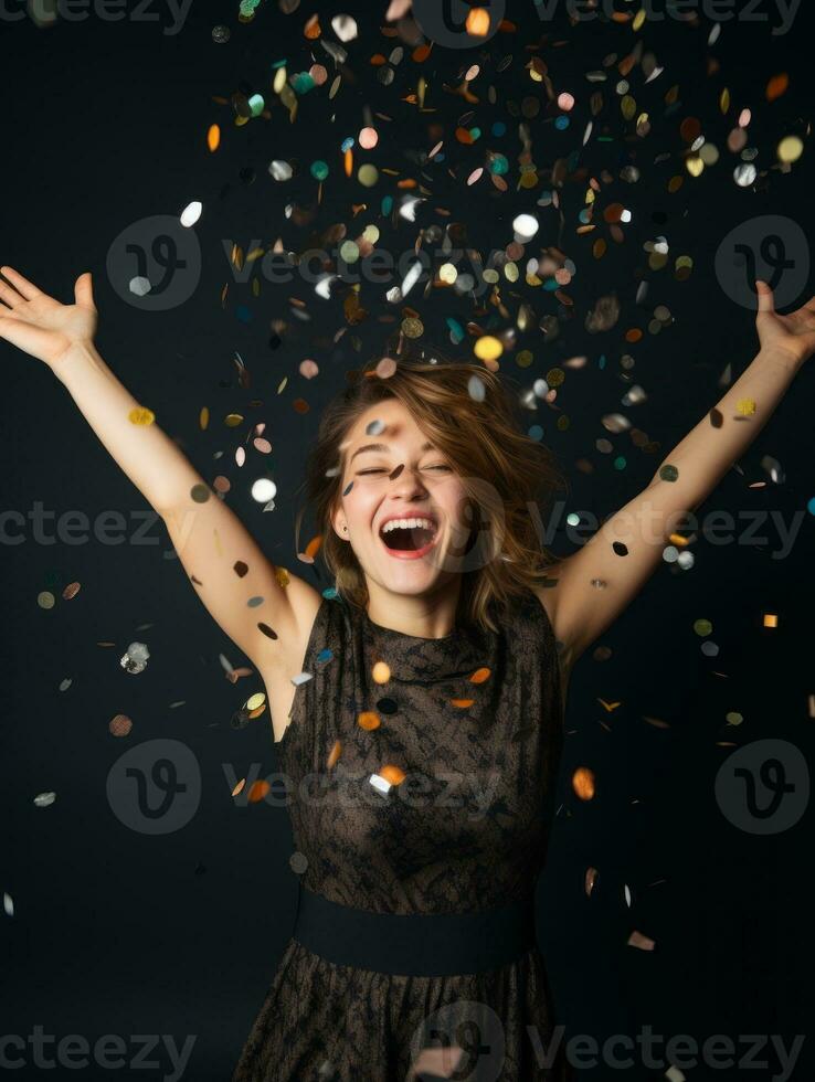 Happy woman celebrating on a solid background AI Generative photo