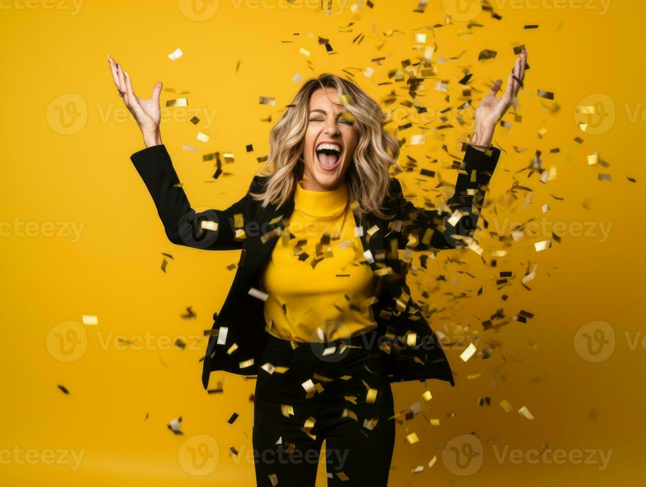 Happy woman celebrating on a solid background AI Generative photo