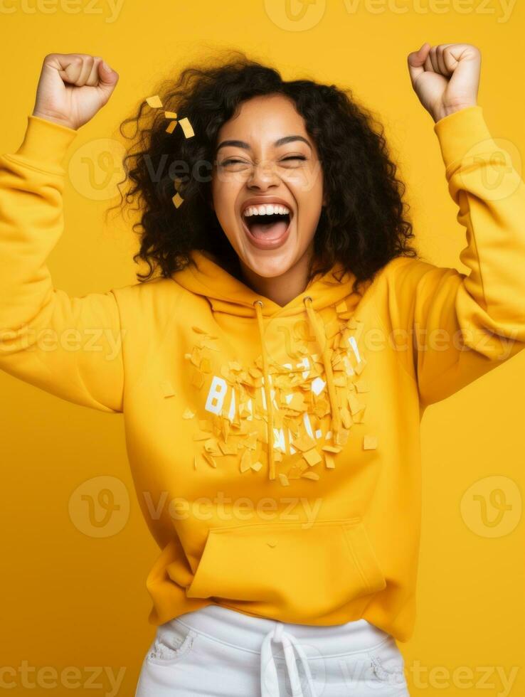 Happy woman celebrating on a solid background AI Generative photo