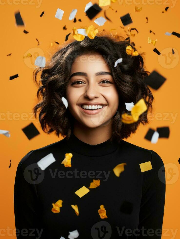 Happy woman celebrating on a solid background AI Generative photo