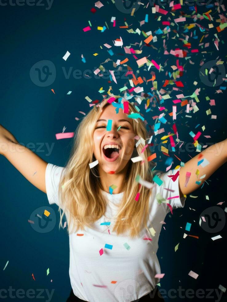 Happy woman celebrating on a solid background AI Generative photo
