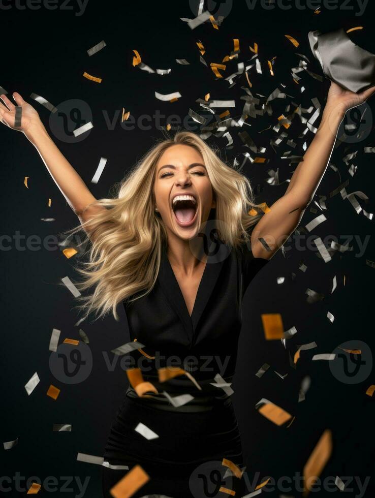 Happy woman celebrating on a solid background AI Generative photo