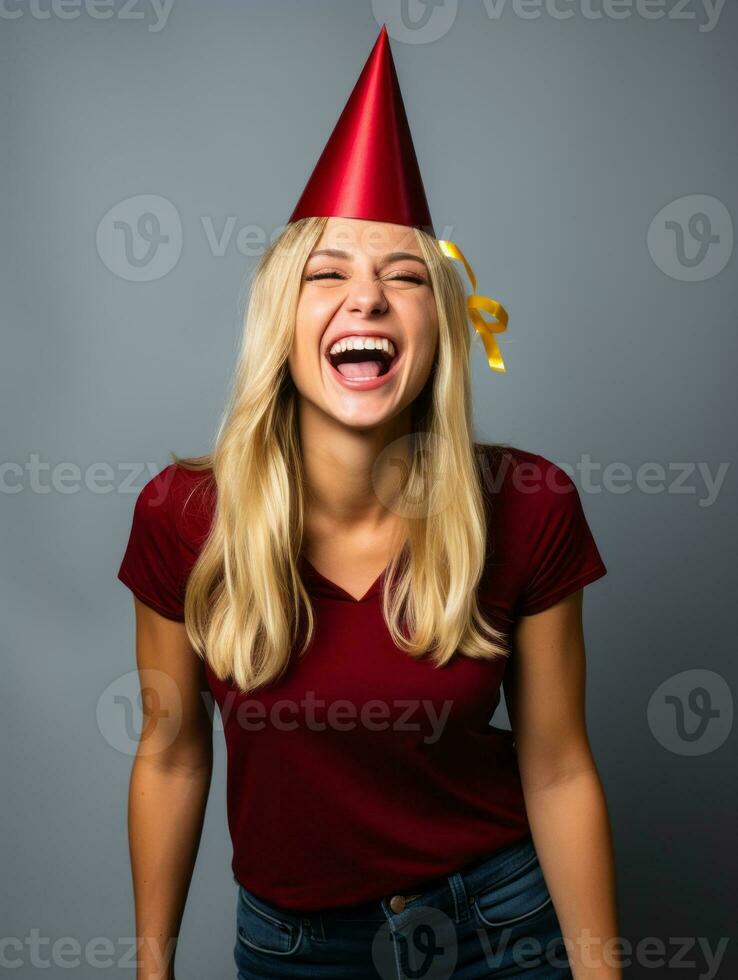 Happy woman celebrating on a solid background AI Generative photo