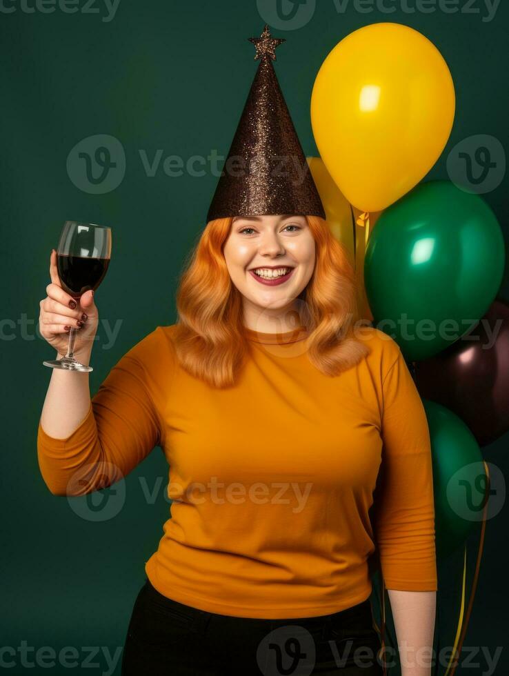 contento mujer celebrando en un sólido antecedentes ai generativo foto