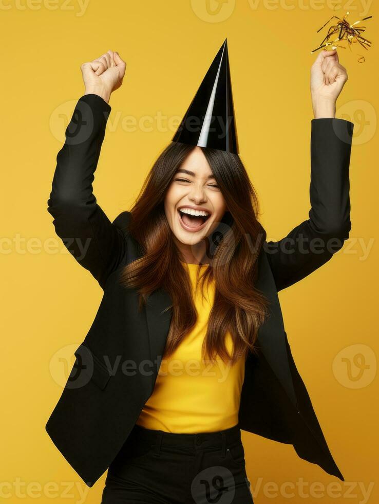 contento mujer celebrando en un sólido antecedentes ai generativo foto