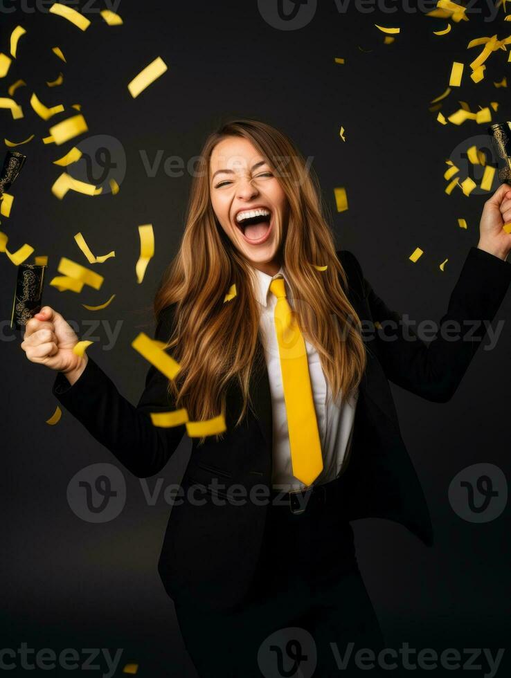 Happy woman celebrating on a solid background AI Generative photo